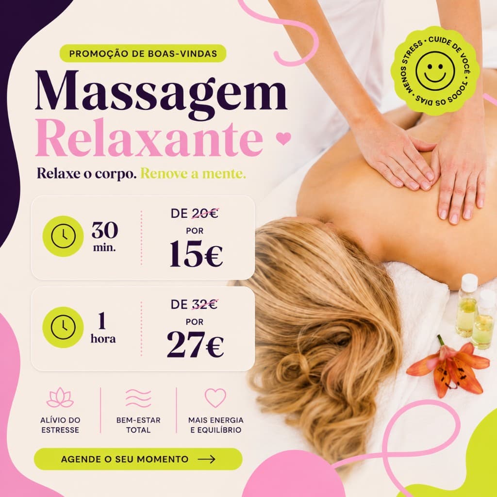 Promoção de boas-vindas: massagem relaxante a partir de 15€
